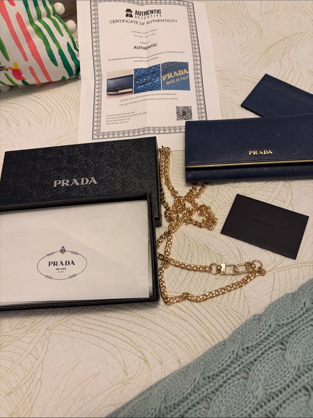 Prada Saffiano Bluette Leather wallet Gold Chain Shoulder Strap with Clasp